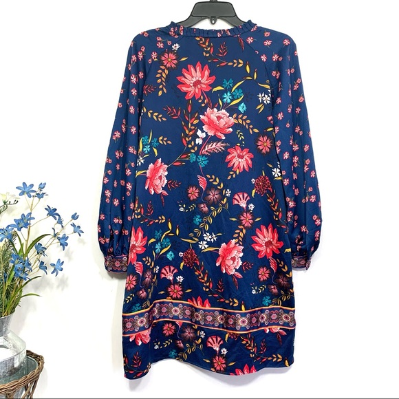 LOFT Women's Blue Pink Floral Mandarin Collar Long Sleeve Shift Dress - Picture 10 of 11